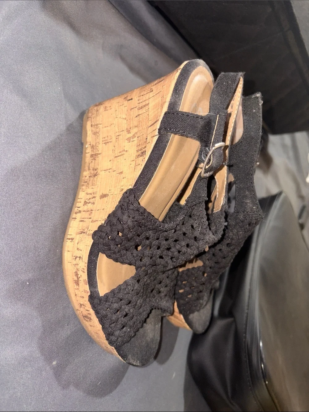 SO Black Crochet Cork Wedge Sandals